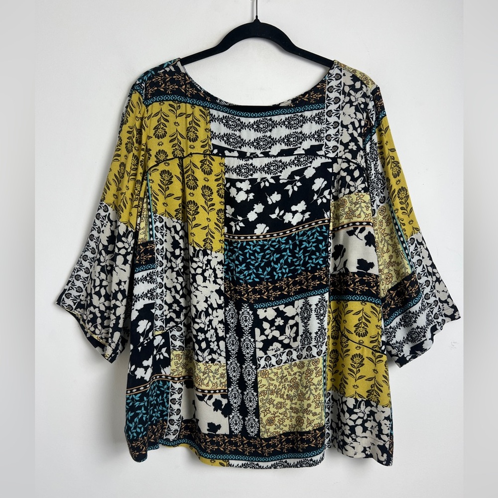 J. Jill Size‎ 1X Patchwork Floral Bohemian Peasant 3/4 Sleeve Blouse Top